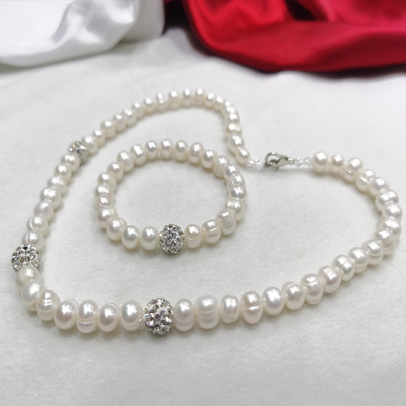 Conjunto de pulsera y collar de perlas de 8-9 mm