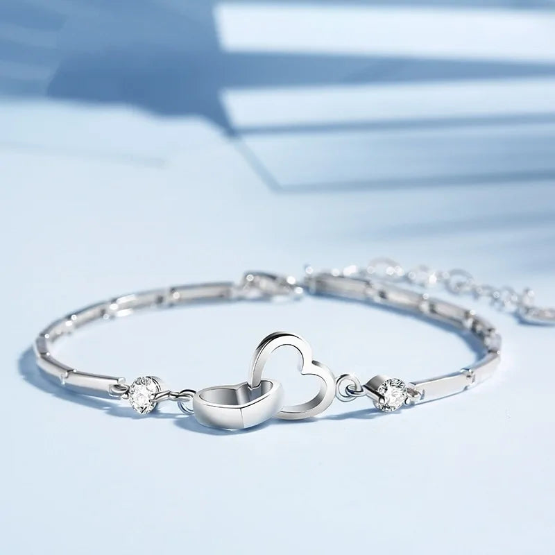 Pulsera de doble corazón en plata de ley 925