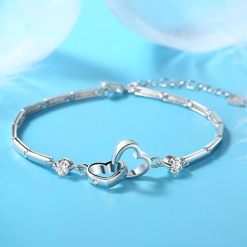 925 Sterling Silver Double Heart Bracelet